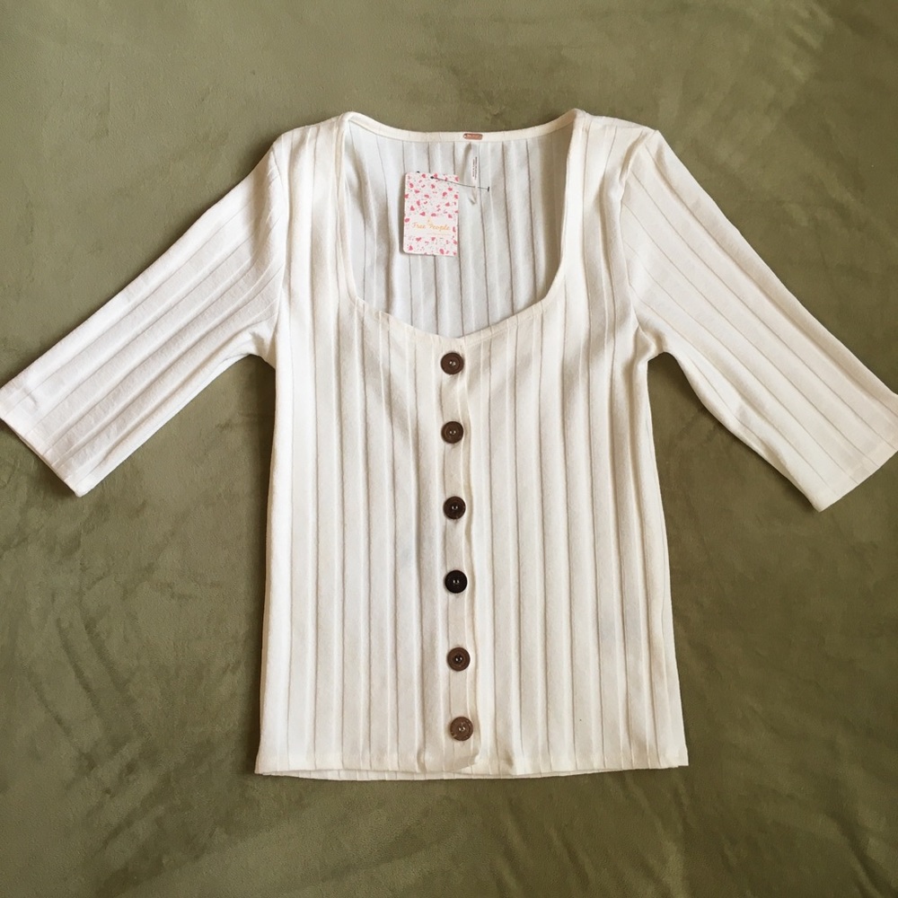 Free People Off- White Ribbed Button Down  Top